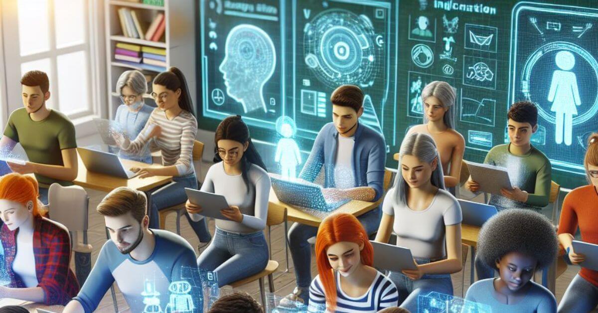 A diverse group of students of different ages and backgrounds are engaged in a futuristic, interactive classroom setting.