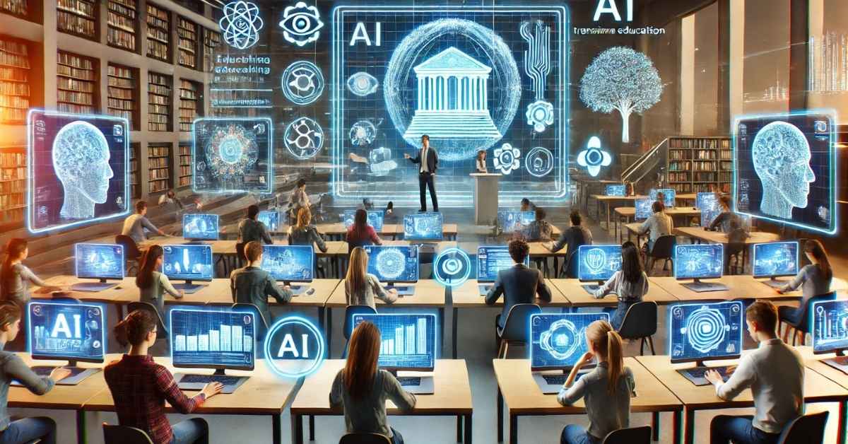 The futuristic classroom showcases students engaging with AI-powered devices and personalized learning tools