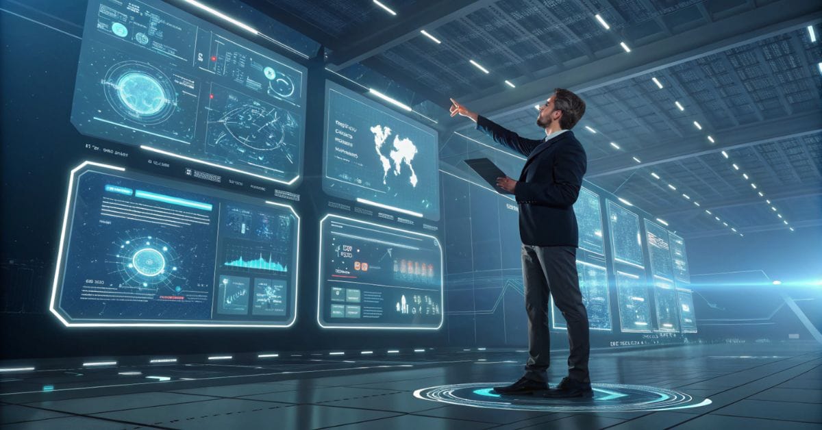 a person interacting with multiple floating digital learning interfaces, representing the intersection of human learning and AI technology