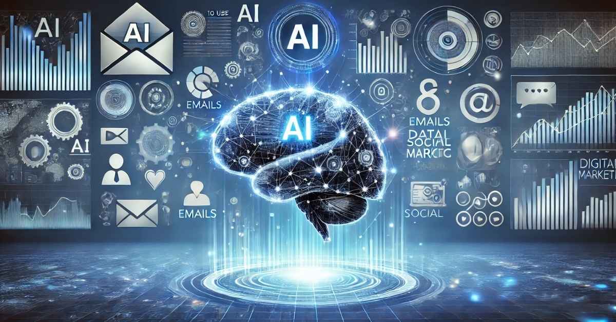 A dynamic illustration showcasing how to use AI in marketing, featuring elements like a glowing AI-powered brain, data analytics charts, and digital marketing icons such as emails, social media, and ads. The setting has a modern, futuristic vibe with blue tones dominating the composition. The image is framed with a bold, blue border to give it a polished and professional appearance.