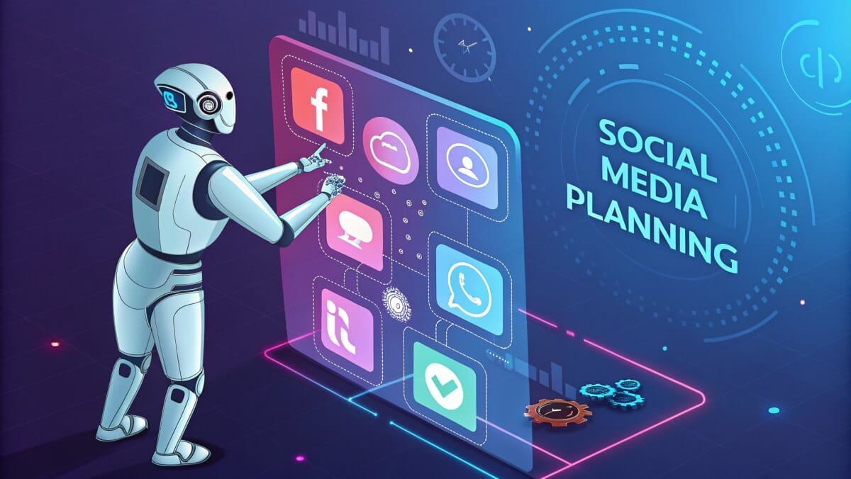 An eye-catching and modern digital artwork that represents the theme of 'AI Social Media Planning.' The image should include a futuristic AI robot interacting with holographic social media icons (such as Facebook, Instagram, Twitter, LinkedIn) displayed on a glowing virtual screen. The background should have a sleek, tech-inspired design with vibrant colors like blue, purple, and neon accents. The overall vibe should be professional yet creative, emphasizing innovation, digital strategy, and efficiency.