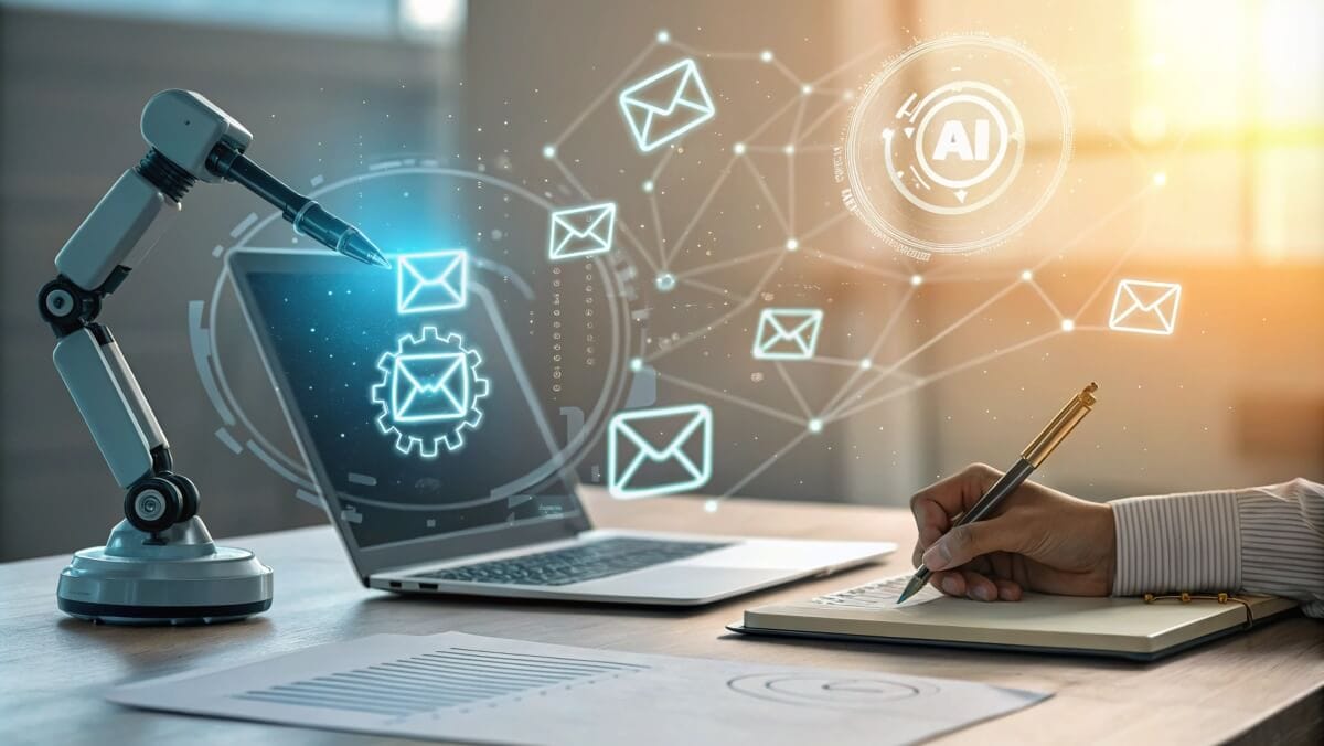 A dynamic digital illustration showcasing the theme of AI-powered email marketing: a futuristic office desk with a sleek laptop emitting holographic email icons surrounded by glowing AI circuits.